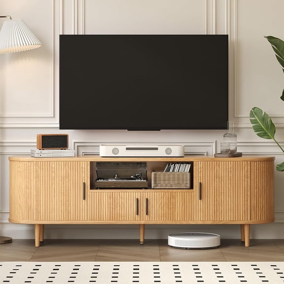 70" Fluted TV Stand, Mid Century Modern TV Stand for TVs up to 80", Entertainment Center with Storage, Adjustable Shelves, Wood Media Console for Living Room, Bedroom, Natural