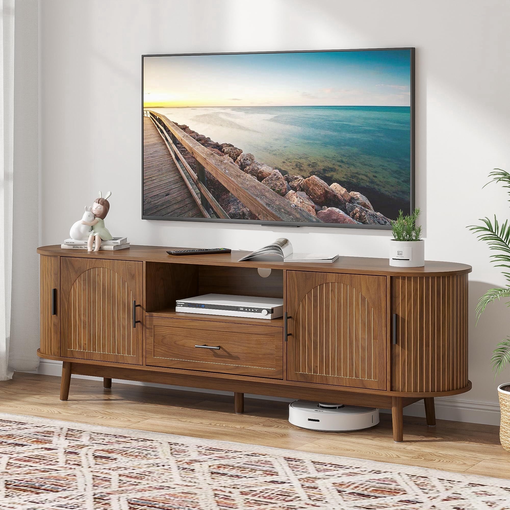 70" Fluted TV Stand for 80" TVs, Mid-Century Entertainment Center with Drawers & Sliding Doors, Curved Media Console