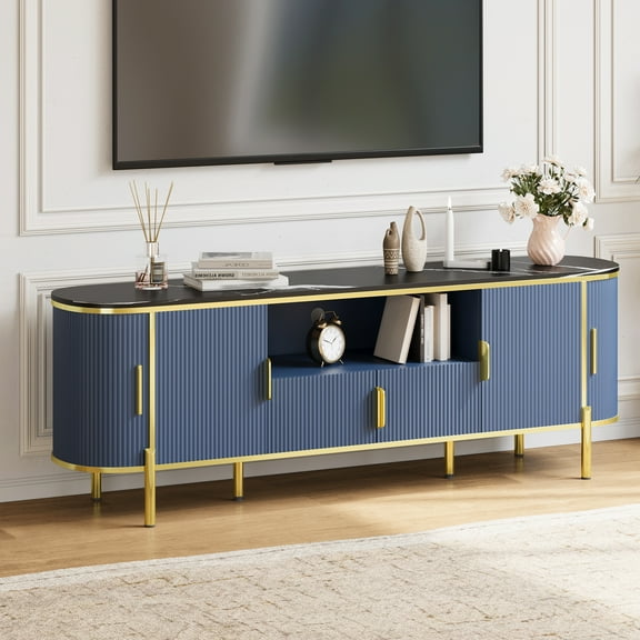 70" Fluted TV Stand with Faux Marble Top & Sliding Doors - Modern Entertainment Center with Adjustable Shelves for TVs Up to 80 Inches