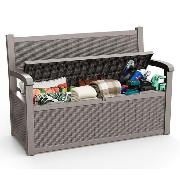 FICARTS 80 Gallon Resin Outdoor Storage Bench - Waterproof, 550 lbs Capacity, Yard & Pool Use, Coffee