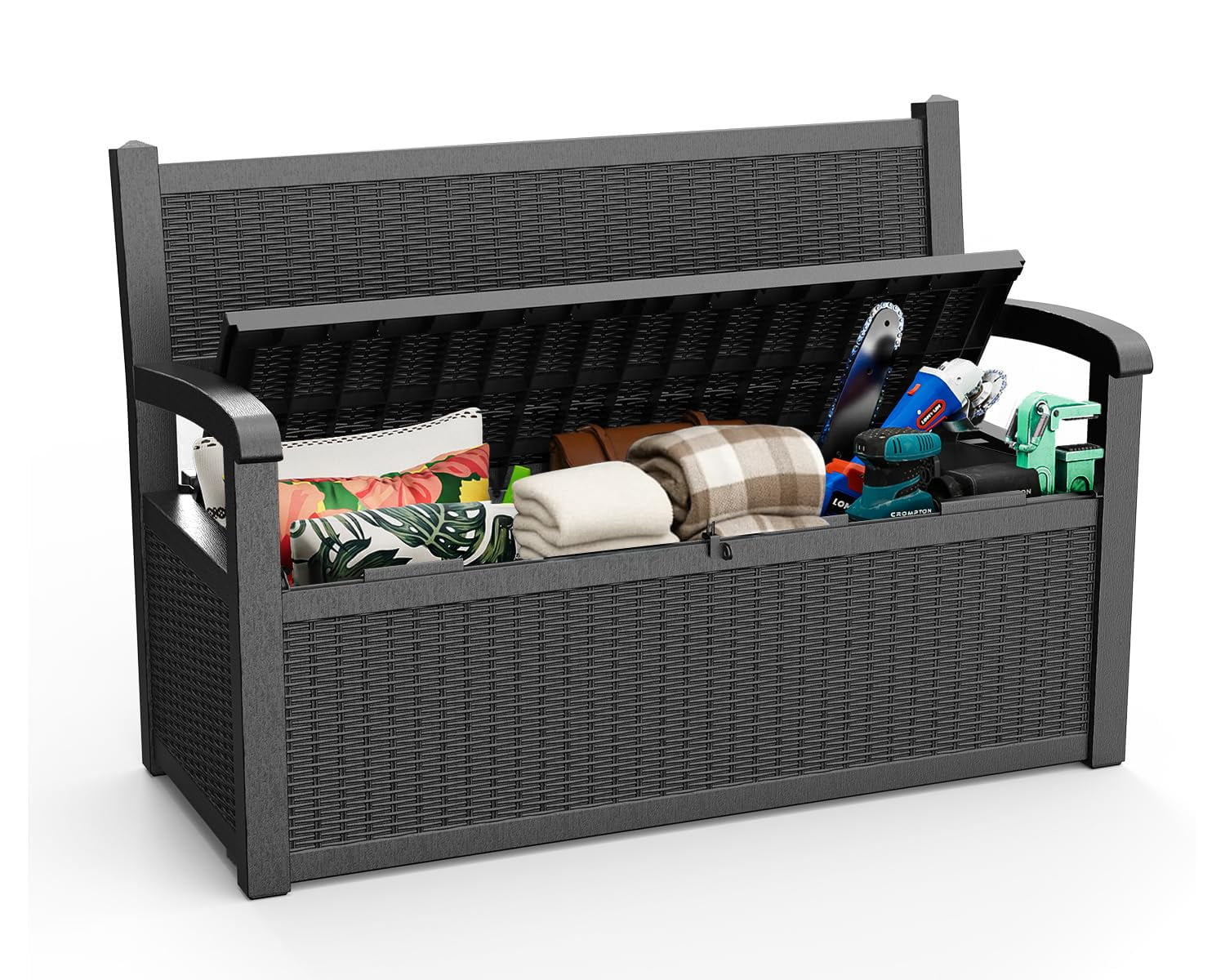 80 Gallon Outdoor Storage Bench Deck Box Lockable for Patio Furniture, Outdoor Porch Bench with Storage Waterproof for Cushions, Garden Tools and Pool Supplies, Black