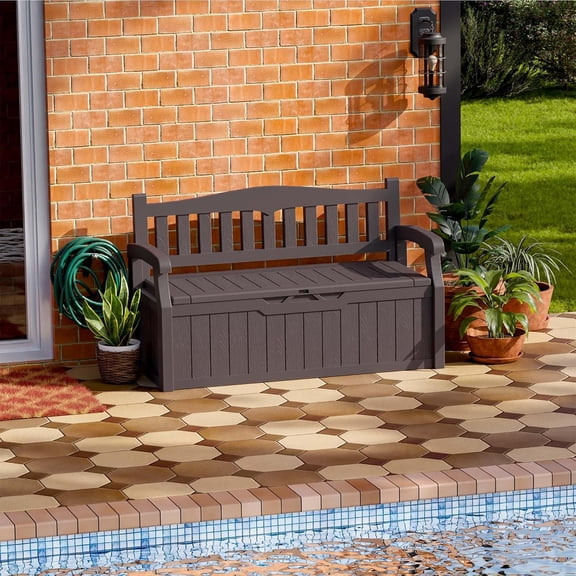 70 Gallon Plastic Storage Bench, Water-Resistant Deck Box for Patio Furniture, Garden Tools, Pool Storage and Outdoor Cushions, Brown