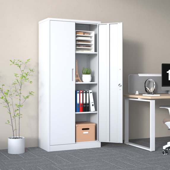 70" Garage Storage Cabinet, Metal Storage Cabinet with Locking Doors, Lockable Tool File Cabinet for Home Office Hallway Entryway Garage Utility Room, White