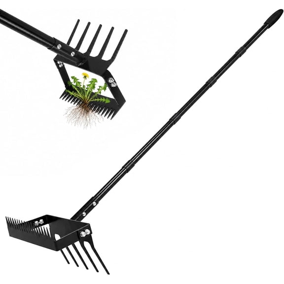 70" Garden Hoe for Weeding, Long Handle Hula Tool with Serrated Blade, Heavy Duty 2-in-1 Stirrup Scuffle Weeder, 5-Tine Cultivator Rake for Loosening Soil and Planting