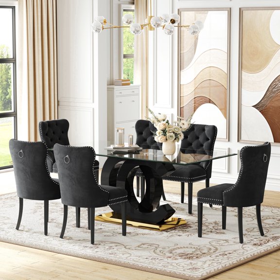 70" Glass Dining Table Set for 6, Modern Clear Tabletop with OC Base, 6 Velvet Upholstered Dining Chairs with Nailhead Trim, Solid Wood Legs, for Kitchen, Dining Room, Conference Room