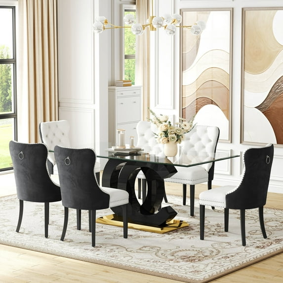70" Glass Dining Table Set for 6, Modern Clear Tabletop with OC Base, 6 Velvet Upholstered Dining Chairs with Nailhead Trim, Solid Wood Legs, for Kitchen, Dining Room, Conference Room