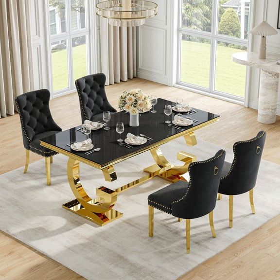 70" Glass Dining Table Set for 4, Tempered Glass Table with Double-G Stainless Steel Base, Velvet Chairs, Luxury Modern Dining Room Furniture