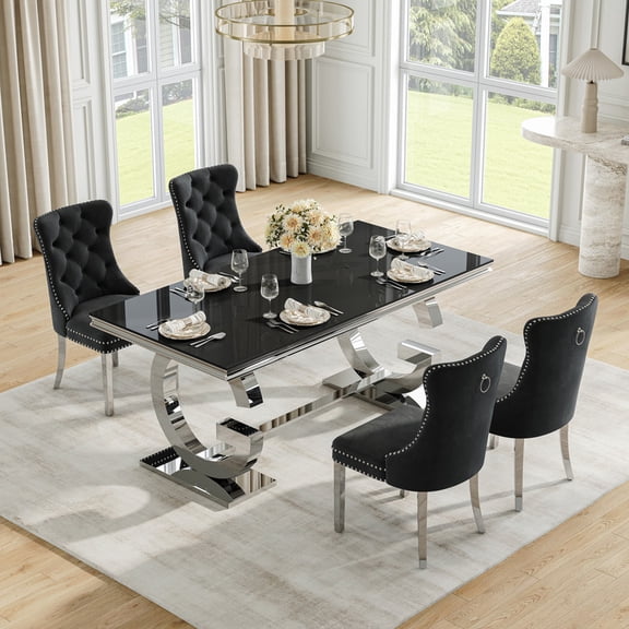 70" Glass Dining Table Set for 4, Tempered Glass Table with Double-G Stainless Steel Base, Velvet Chairs, Luxury Modern Dining Room Furniture
