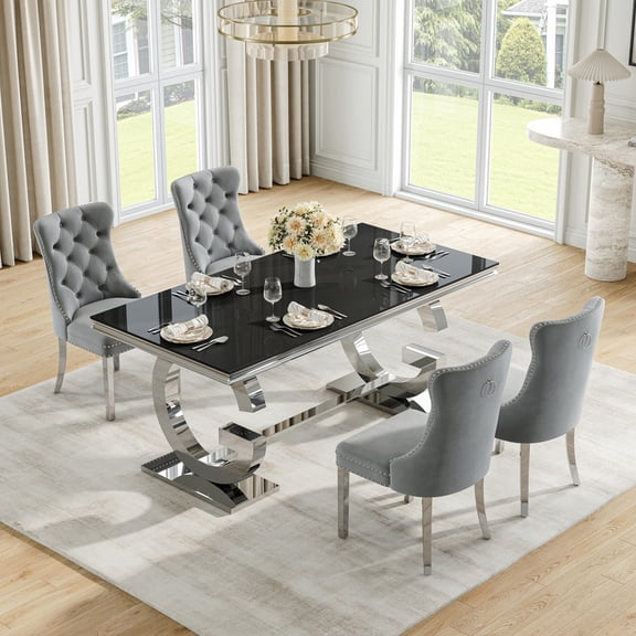70" Glass Dining Table Set for 4, Tempered Glass Table with Double-G Stainless Steel Base, Velvet Chairs, Luxury Modern Dining Room Furniture