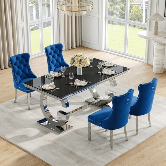 70" Glass Dining Table Set for 4, Tempered Glass Table with Double-G Stainless Steel Base, Velvet Chairs, Luxury Modern Dining Room Furniture