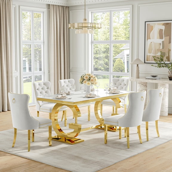 70" Glass Dining Table Set for 6, Tempered Glass Table with Double-G Stainless Steel Base, Velvet Chairs, Luxury Modern Dining Room Furniture