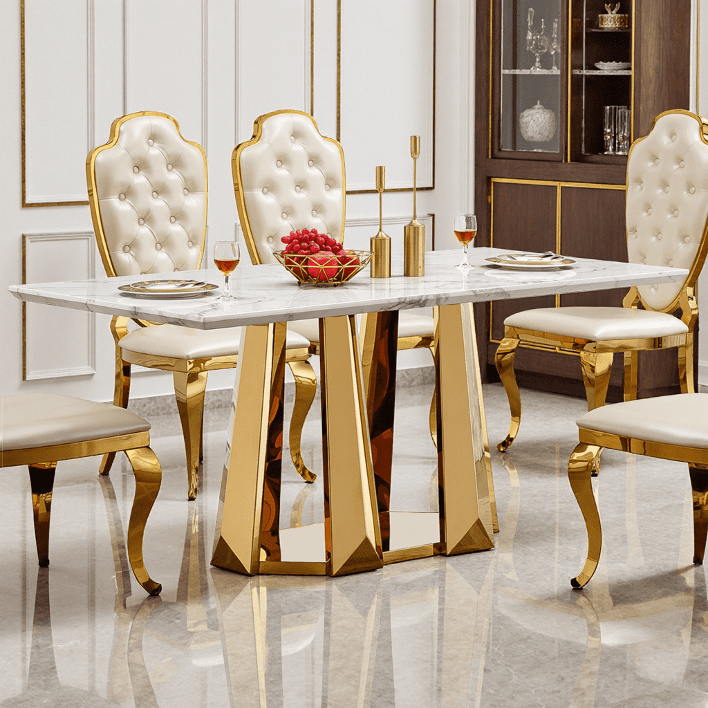 70" Gold & White Faux Marble Dining Table for 6 with Stainless Steel ...