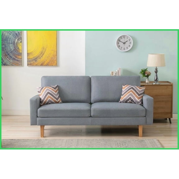 70” Gray Linen Sofa with 2 Throw Pillows – Solid Wood Legs & Removable Cushions | Gray | Linen | Wood