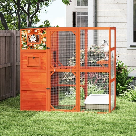 70" H Large Outdoor Cat Enclosure, 4-Tier Window Design Outdoor Cat Catio with Weatherproof Roof, 2 Resting Rooms, 2 Platforms, Orange with Colorful Patterns