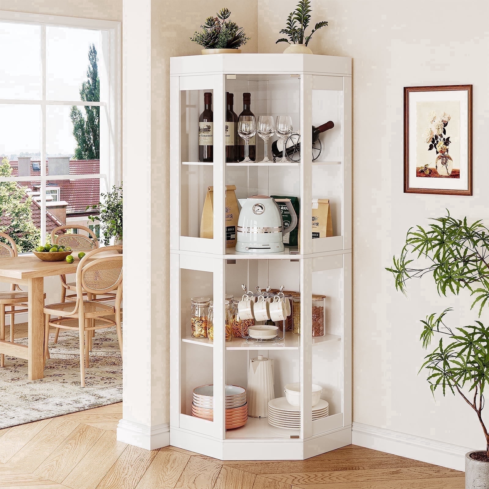 70'' Tall Corner Cabinet with Glass Doors, Modern Display Cabinet for Kitchen, Dining Living Room, Bathroom, White