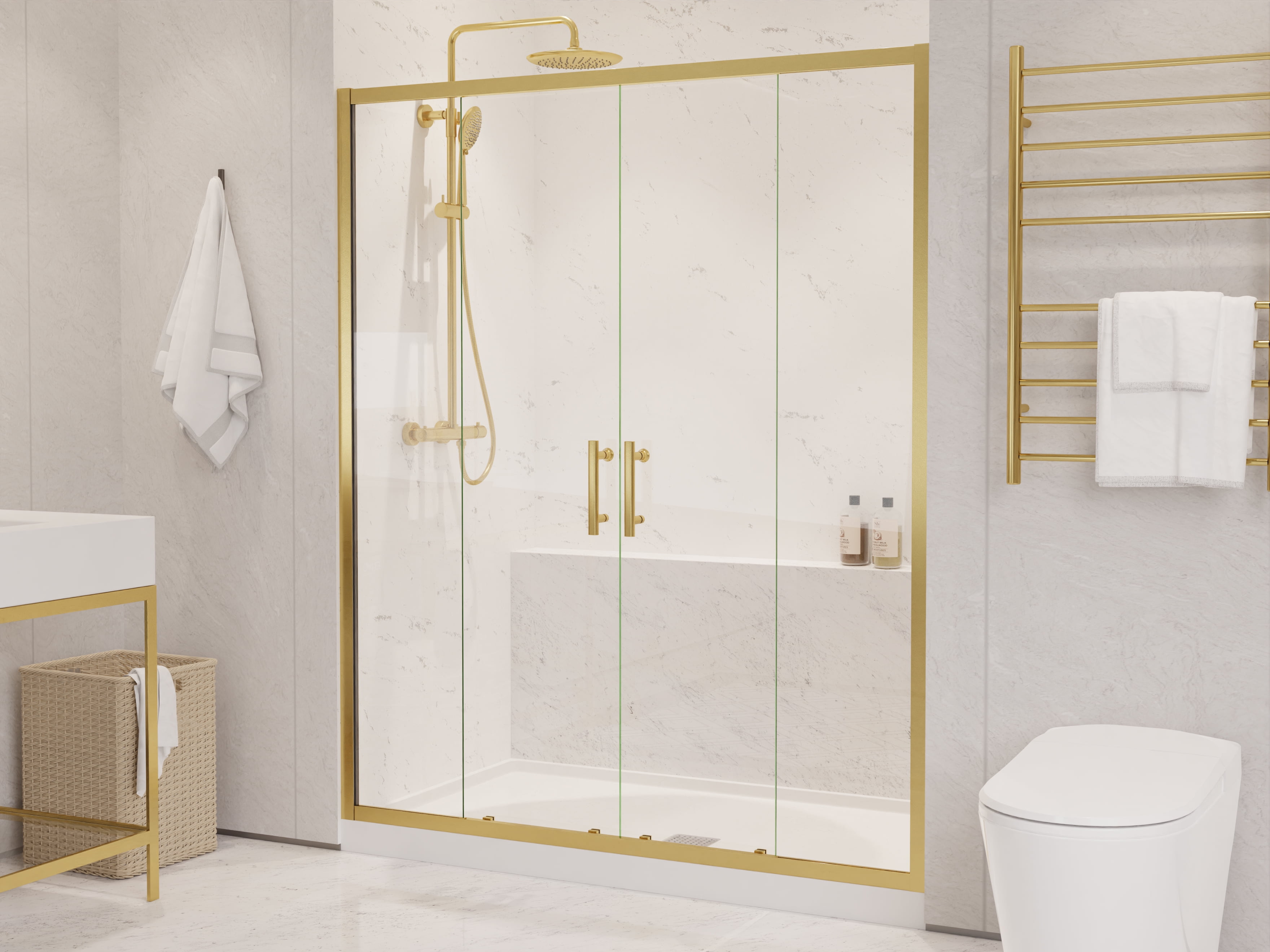 Brushed Gold Framed Double Sliding Shower Door with Clear Glass