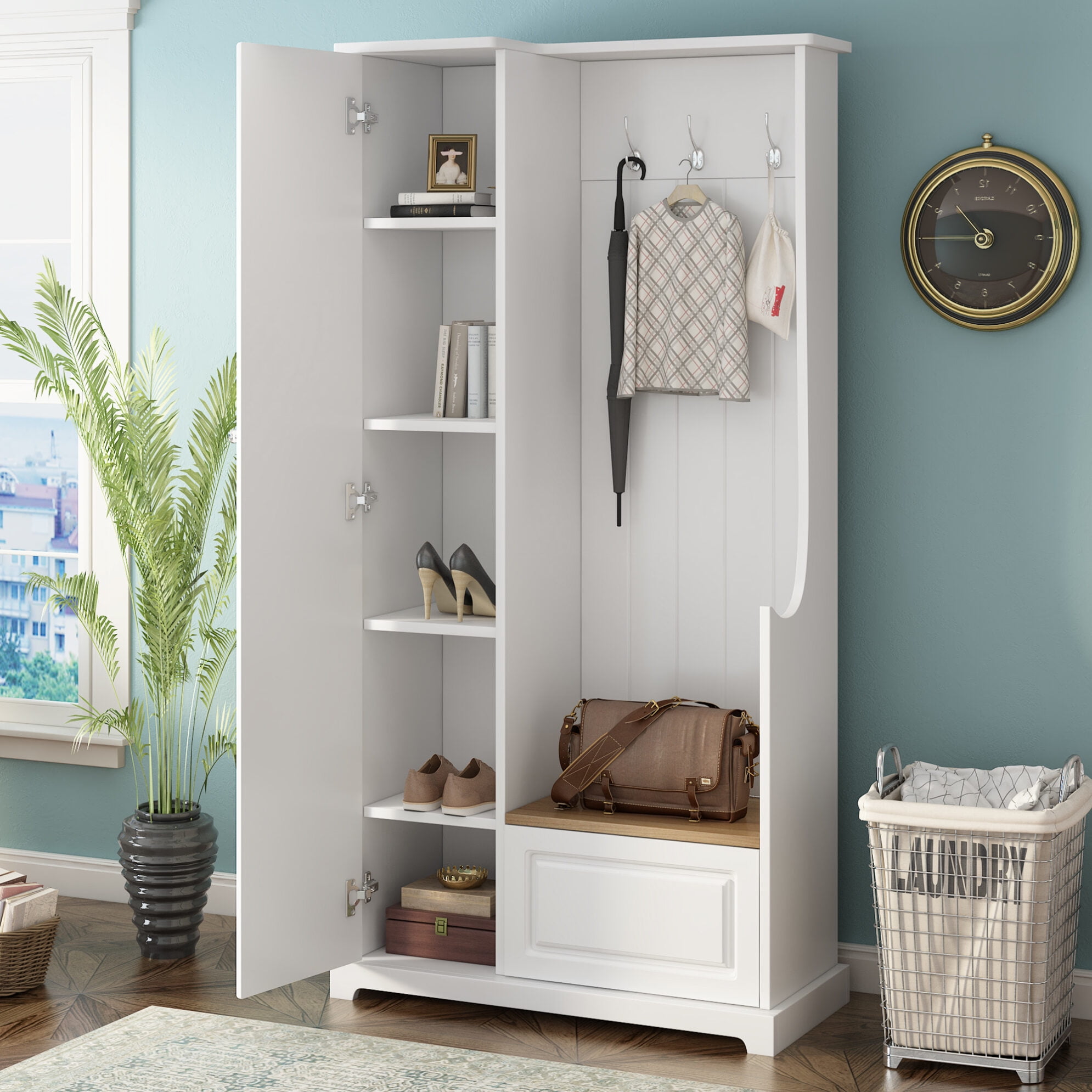 Narrow Hall Tree with Flip Up Bench Minimalist Hallway Shoe Cabinet with Adjustable Shelves Multifunctional Furniture Coat Rack Shoe Bench with Hanging Hooks for Small Spaces Entryways Bedroom Walmart...