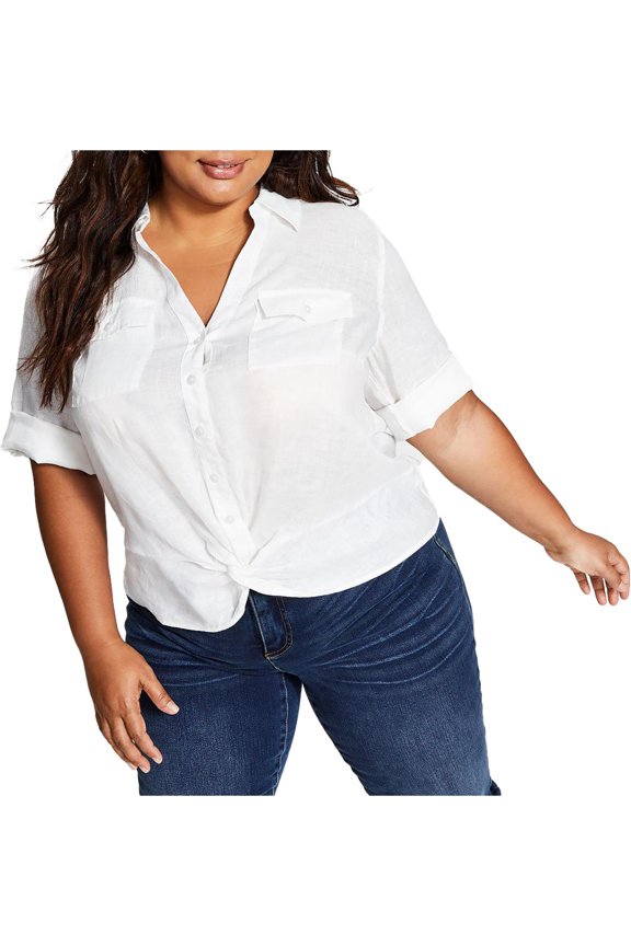 $70 I.N.C. International Concepts Plus Size Linen Twist-Hem Top White Size 1X