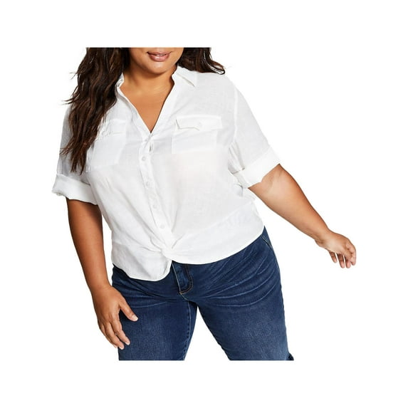 $70 I.N.C. International Concepts Plus Size Linen Twist-Hem Top White Size 1X