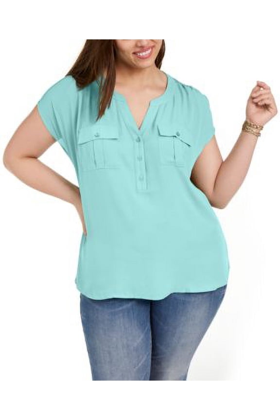 Plus Size Woven Front V Neck Top Aqua Freeze 1X