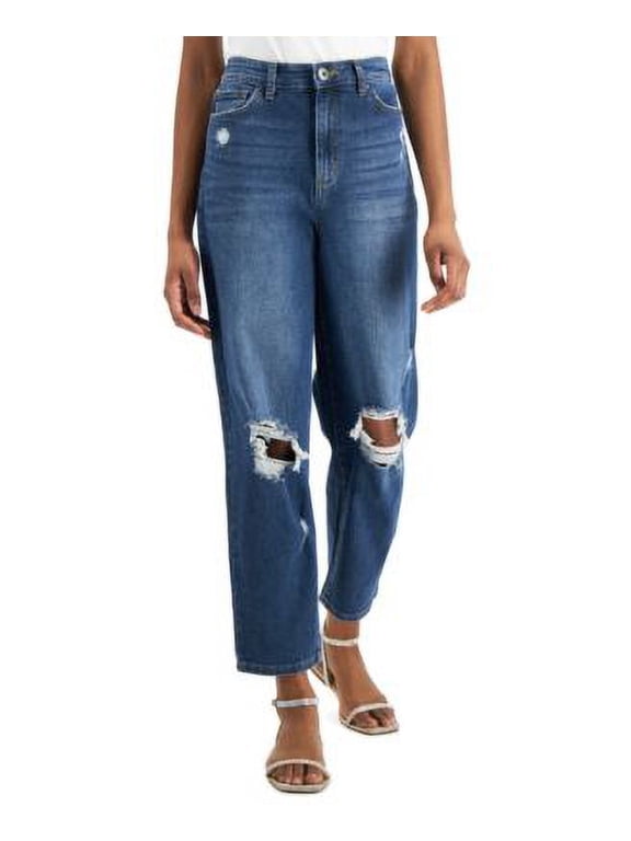 Womens High Rise Ripped Mom Jeans Medium Indigo 6