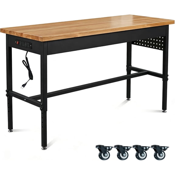70 Inch Adjustable Workbench with Power Outlet, 2500 LBS Heavy Duty Workbench with Hardwood Top, 6-Level Height Adjustable Garage Work Table with Wheels, Rolling Workstation for Workshop