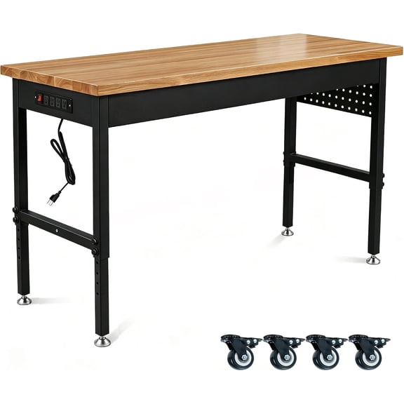 70 Inch Adjustable Workbench with Power Outlet Heavy Duty 2500 LBS Load Capacity Hardwood Work Table for Garage 6 Level Height Adjustable Workshop Bench with Wheels (70"x22")