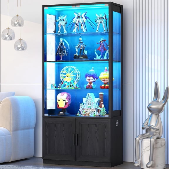 70-Inch Black 4-Tier Display Cabinet with Glass Doors and 2 Removable Glass Shelves