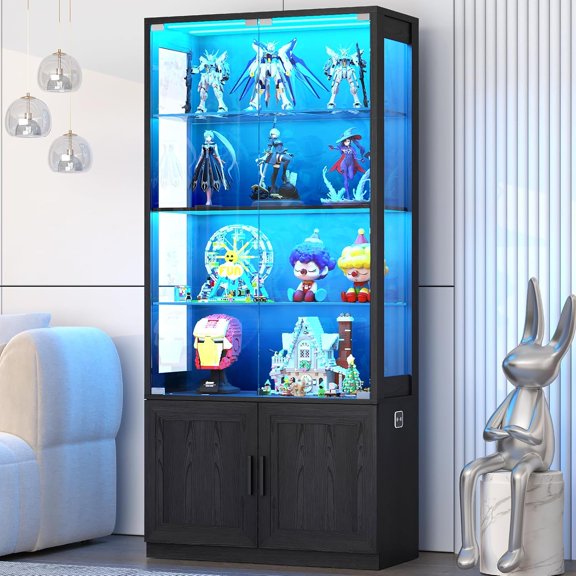 70-Inch Black 4-Tier Display Cabinet with Glass Doors and 2 Removable Shelves
