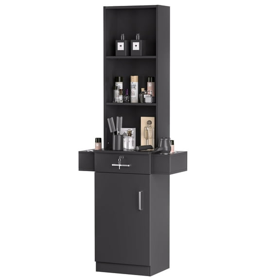 70 Inch Black Barber Station - Salon Workstation for Hair Stylists, Home Beauty Salon Equipment with Storage Cabinet | Barber Supplies Organizer Furniture