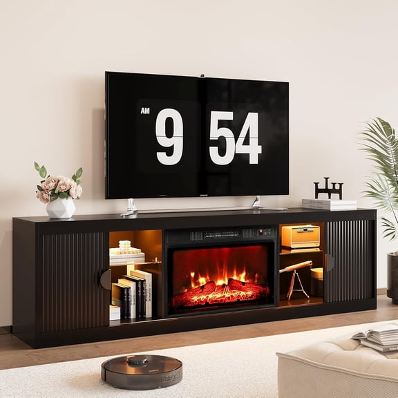 70-Inch Black Fluted Fireplace TV Stand with 23-Inch Electric Fireplace, LED Lights, and Glass Shelves, for TVs up to 80 Inches