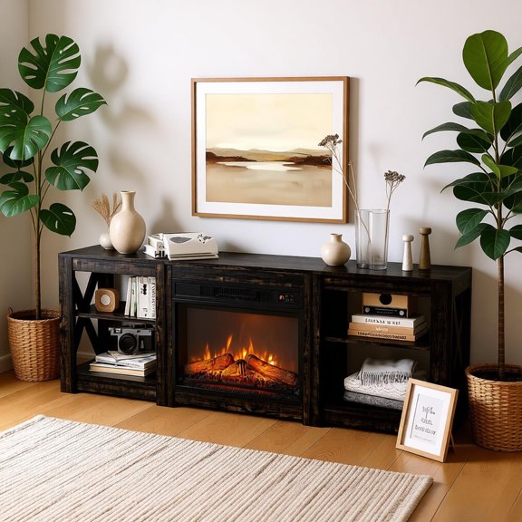 70 Inch Black Gold Oak Double-Sided Cross Fireplace Media Console with 23In Electric Fireplace Insert,1400W 3D Flame Heater Remote Control Adjustable Thermostat Timer for Living Room Home Theater