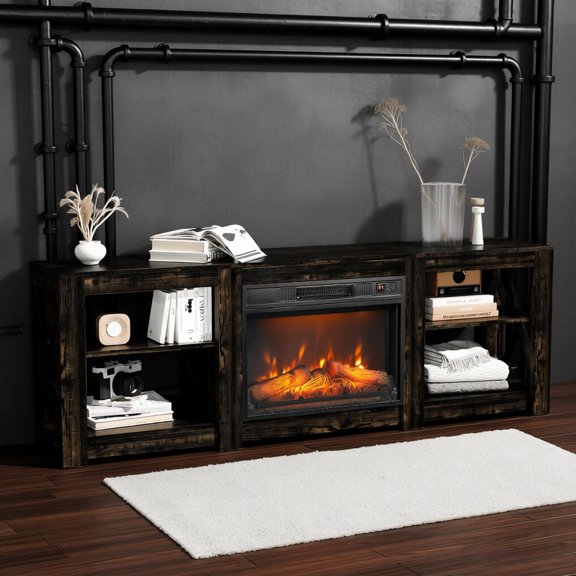 70 Inch Black Gold Oak Double-Sided Cross Fireplace Media Console with 23In Electric Fireplace Insert,1400W 3D Flame Heater Remote Control Adjustable Thermostat Timer for Living Room Home Theater