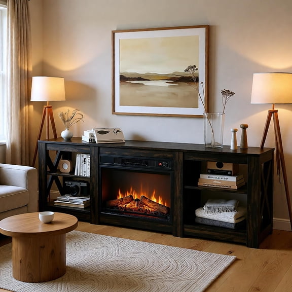 70 Inch Black Gold Oak Double Sided Cross Fireplace TV Stand Media Console with 23 Inch Electric Fireplace Insert 1400W Heater Modern Farmhouse Living Room Entertainment Center Furniture