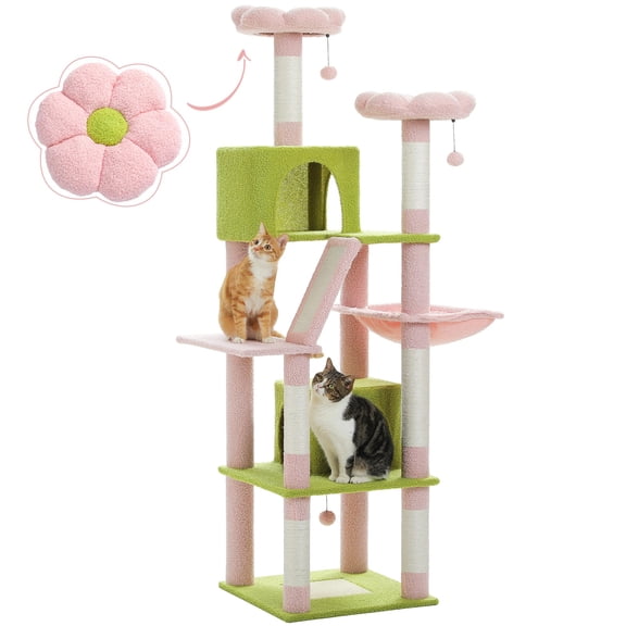 70 - Inch Cat Tower for Indoor Cats, Multi - Level Climbing Structure with 2 Cozy Condos, 2 Plush Perches, Large Basket, 2 Scching Pads and 6 Scching Posts, Pink
