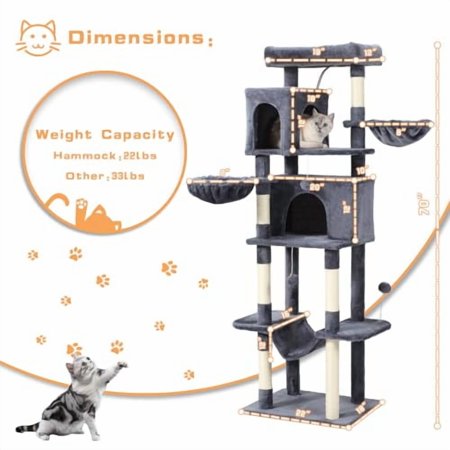 70-Inch Cat Tree,Large Cat Tree Tower with Hammock, Scratching Post, Condo and Multi-Level Cat Tower for Large Cats, Cat Activity Center Playhouse, Dark Gray LCT016