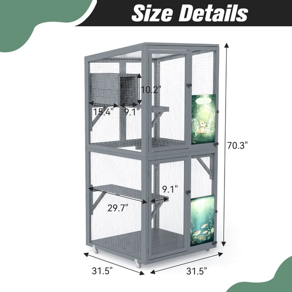 70-Inch Cat Window Catio House, Outdoor Wood Cat E