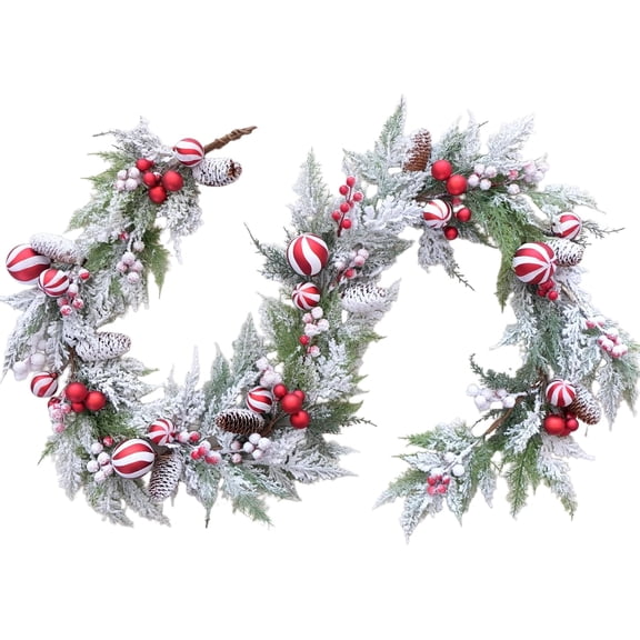 70 Inch Christmas Candy Cane Garland for Front Door, Winter Red White Xmas Holiday Garland for Indoor Outdoor, Christmas Frosted Garland with Berries and Pine Cones