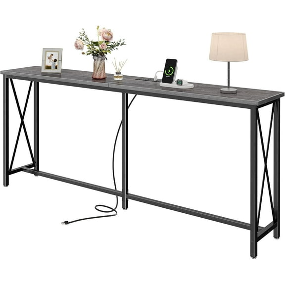 70 Inch Console Table with Outlets and -C Port, Extra Long Behind Couch Sofa Table with X-Shaped Design, Narrow for Entryway, Room, Frame, Wooden , Grey