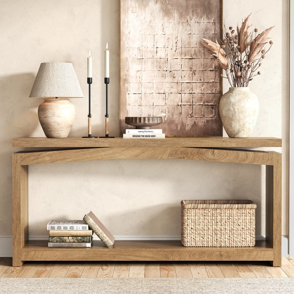 70 Inch Console Table with Storage Shelf, 2-Tier Entryway Table | Long Console Table for Living Room, Farmhouse Entrance Table, Wood Sofa Table Behind Couch for Hallway, Natural Oak Brown