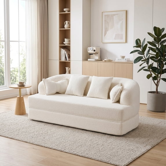 70 Inch Convertible Loveseat Sofa Bed with 4 Pillows - White Chenille