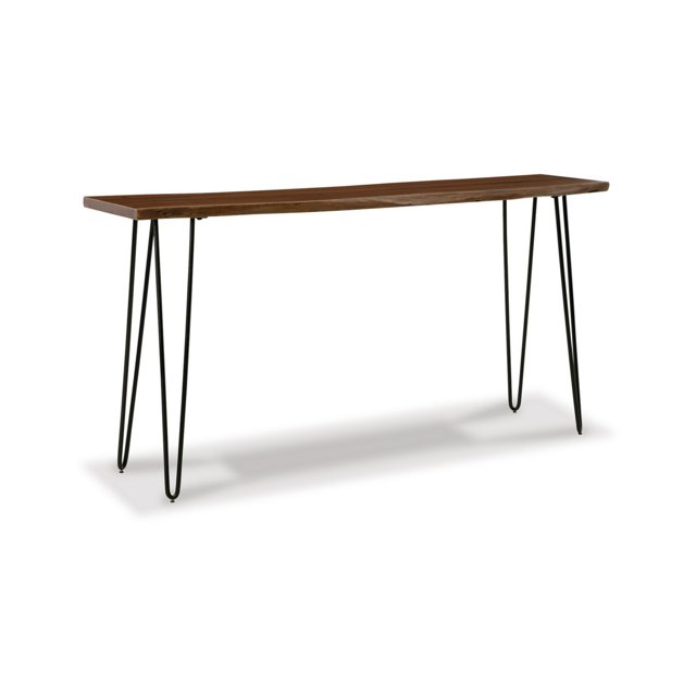 70 Inch Counter Height Dining Table, Light Brown Wood, Black Metal Legs