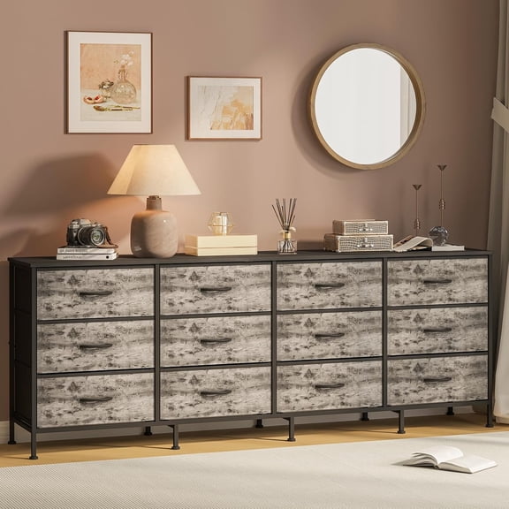 70 Inch Dresser for Bedroom, TV Stand for 65, 75, 80 Inch TV, 12 Fabric Drawer Long Dresser, Wide Chest of Drawer with Storage, Charging Station, Large Entertainment Center for Living Room, Entryway