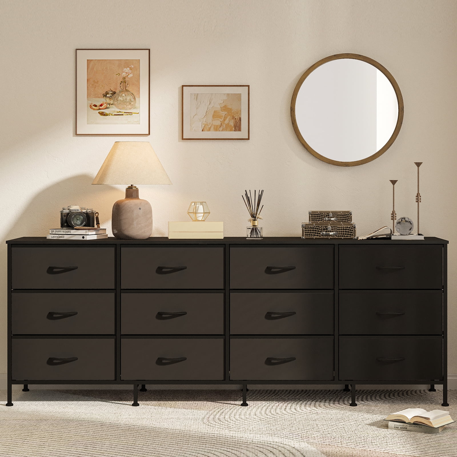 70 inch dresser black & TV Stand with Charging Station - 12 Fabric Drawers - Wide Storage Chest for Bedroom or Living Room Elegant Birthday Dresses for v back wedding dress Size:8-10 Y(30) Do not expose to