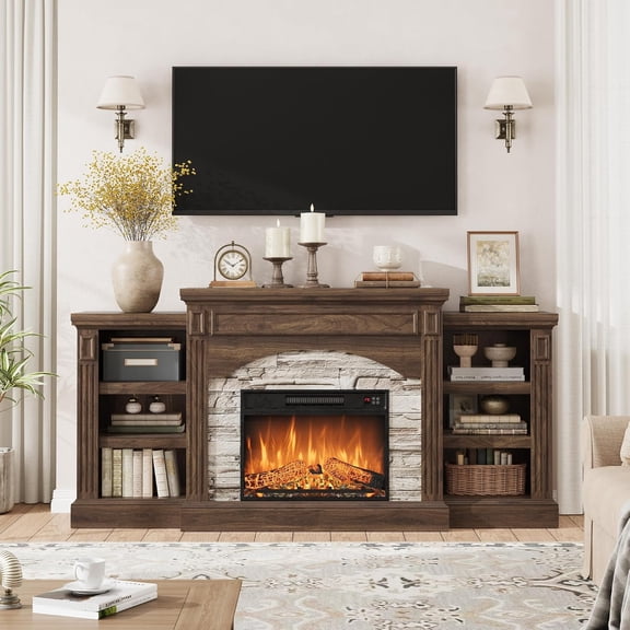 70 Inch Electric Fireplace TV Stand, 23 Inch Fireplace Insert with 6 Flame Colors, 5000 BTU 1400W Heater, Adjustable Shelves, 400 LBS Capacity, Remote & Timer, Media Console ,Brown
