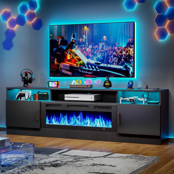 70 Inch Electric Fireplace TV Stand for TVs Up to 80 Inch Entertainment Center with Power Outlet USB Ports LED Light Strip Lockable Storage Cabinets Sturdy MDF Media Console for Living Room Office