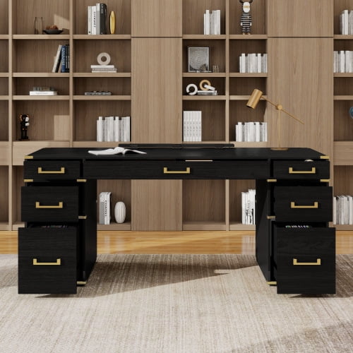70 Inch Extra Large Executive Desk, Classic Writing Desk with 7 Drawers, USB Ports & Outlets, Metal Edge Trim for Home Office, Study Room, Black+Gold