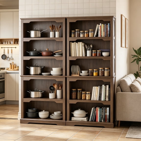 70 Inch Farmhouse Bookcase Bookshelf, Two-Tone Shelves, 5 Tier Bookshelf with Arched Trim, Home Office Living Room Storage Cabinet Unit, 31.5"x11.8" (Walnut, Open Shelf)