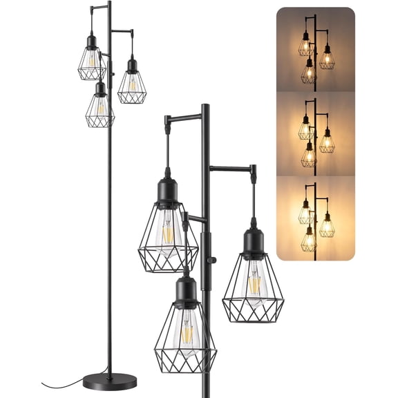 70 Inch Farmhouse Floor Lamp with Dimmable LED Edison Bulbs Diamond-Shaped Cage Black