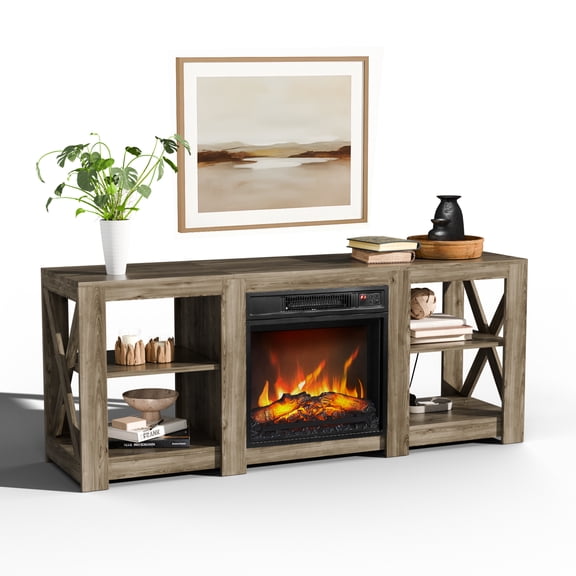 70“ Inch Farmhouse TV Stand with 30" Electric Fireplace with Convertible colors, Entertainment Center with Storage Cabinetsfor TVs up to 70", Media Console for Living Room & Bedroom